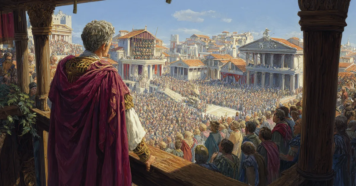 A Roman orator speaking from a high forum balcony as a crowd listens closely anchoring The Tragedy Of Julius Caesar Act 3 Scene 2