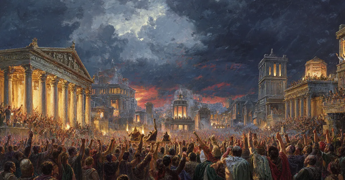 A stormy sky over a crowded forum where citizens raise their hands in agitation echoing the conflict of The Tragedy Of Julius Caesar Act 3