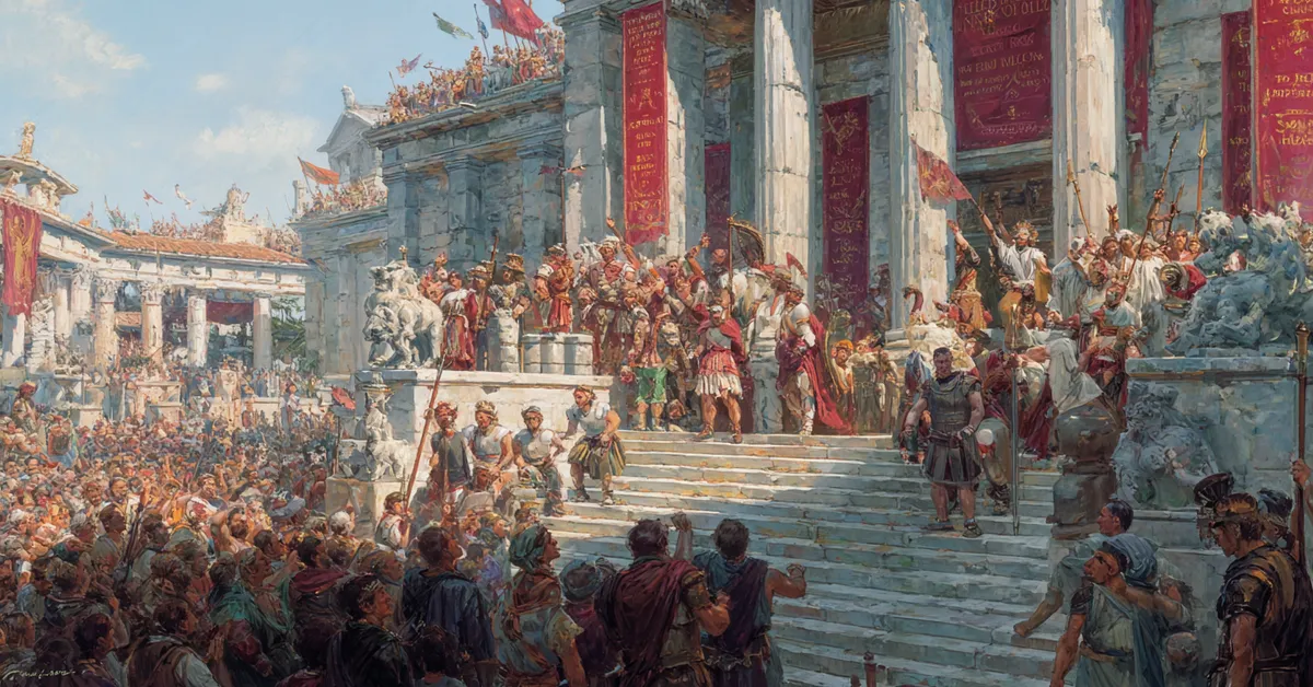 The forum steps filled with cheering citizens as Caesar passes by capturing the admiration shown in The Tragedy Of Julius Caesar Act 1 Scene 2