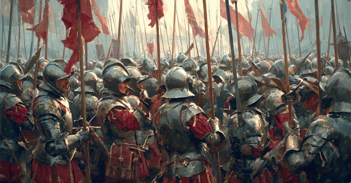 The French army forming tight lines with long spears raised as officers signal orders showing readiness in Henry V Act 4 Scene 2