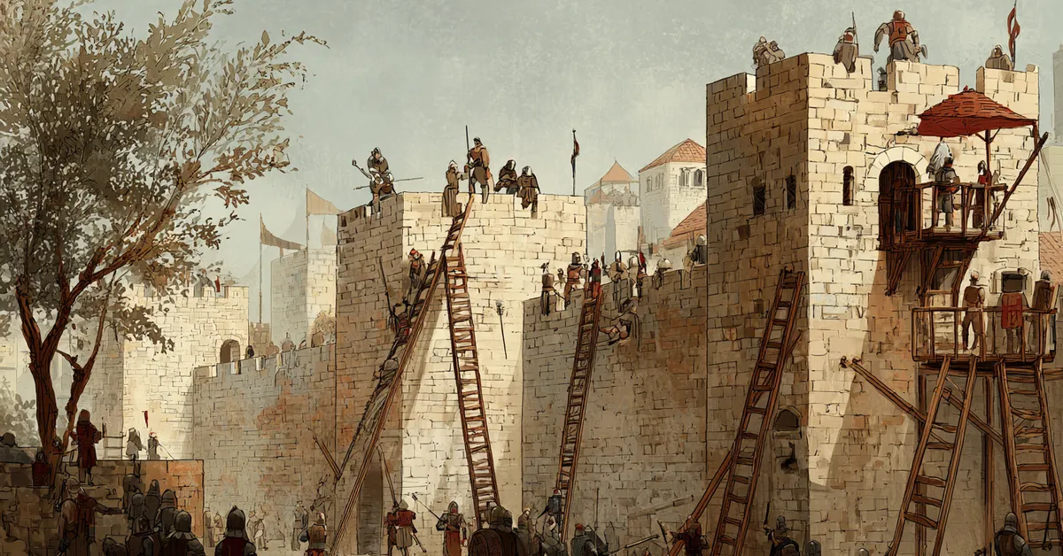 A French castle under siege with soldiers climbing ladders and defenders on the ramparts anchoring the action of Henry VI Part 1 Act 3