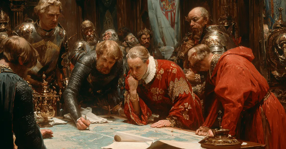 The French court in an urgent discussion with nobles leaning over maps referencing the decisions in Henry V Act 3 Scene 5