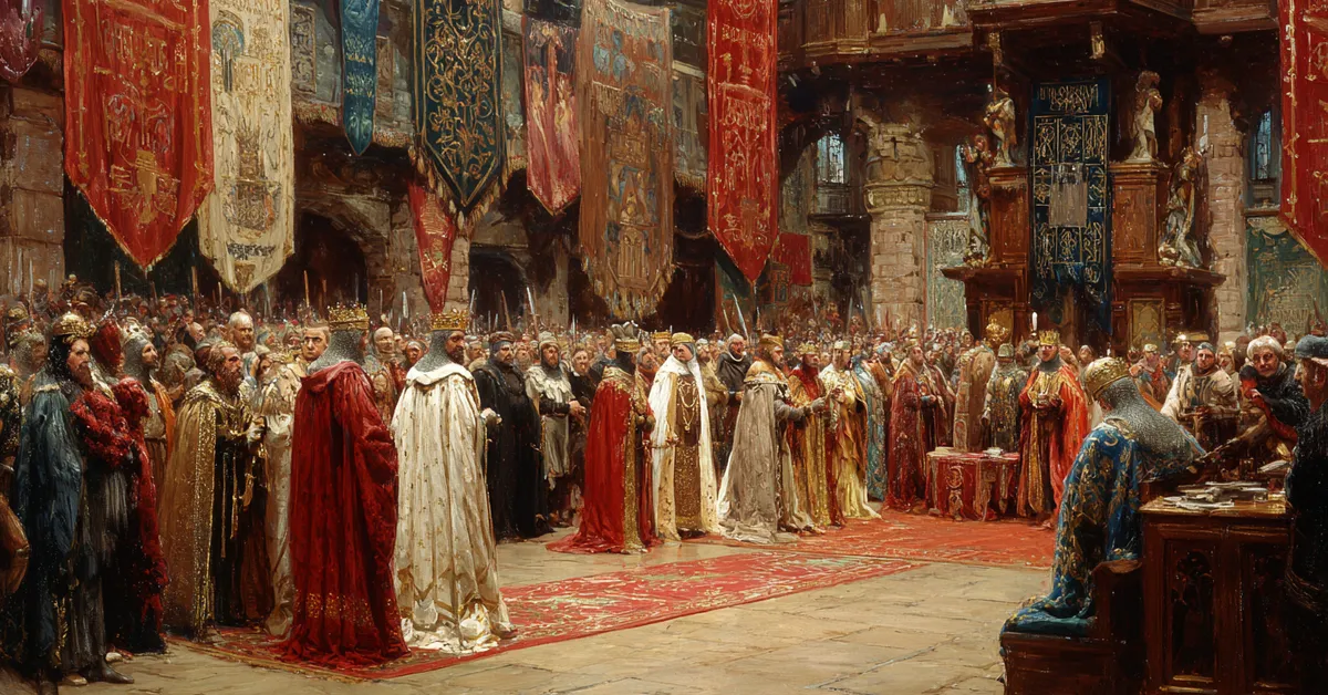 The French court filled with nobles in fine robes standing beneath ornate tapestries showing the political tension in Henry V Act 2 Scene 4