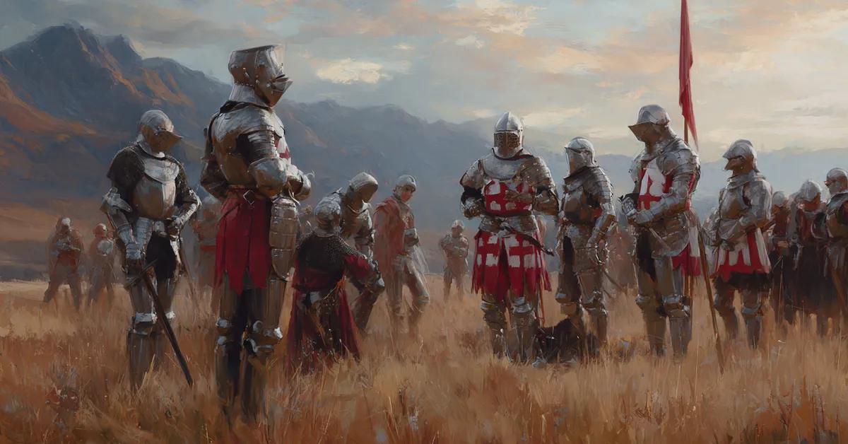 French knights preparing their armour in a wide field with servants tightening straps matching the energy of Henry V Act 3 Scene 7