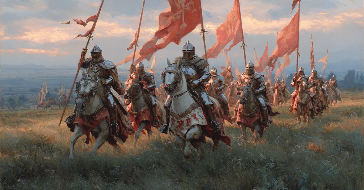 French knights riding across a field with pennants flowing capturing the urgency in Henry V Act 4 Scene 5