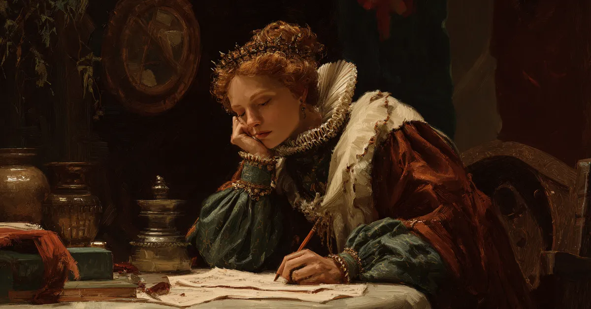 A French princess seated at a table studying English words from a small book highlighting the learning scene in Henry V Act 3 Scene 4