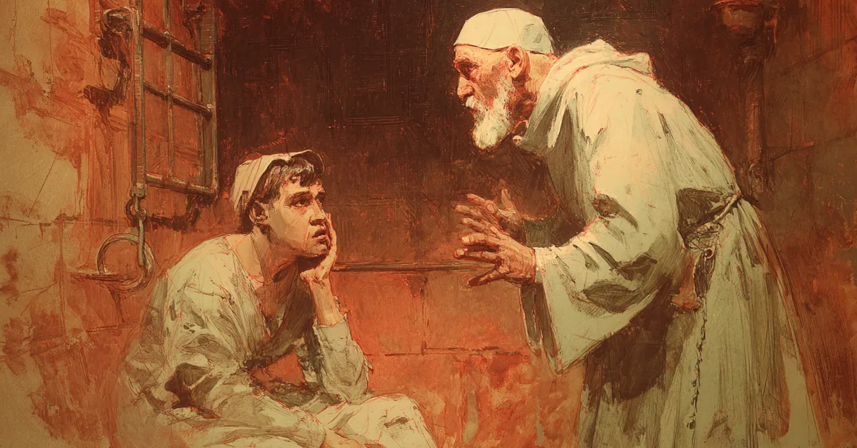 A friar speaking urgently to a distressed young man in his cell portraying Romeo and Juliet Act 3 Scene 3