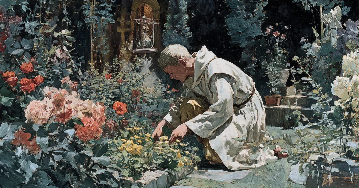 A friar tending an herb garden at dawn tying to Romeo and Juliet Act 2 Scene 3