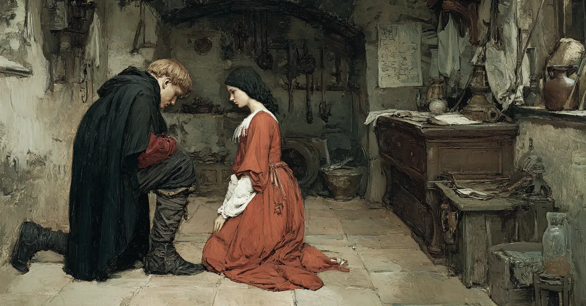A friar�s cell where a desperate young woman kneels for guidance representing Romeo and Juliet Act 4 Scene 1