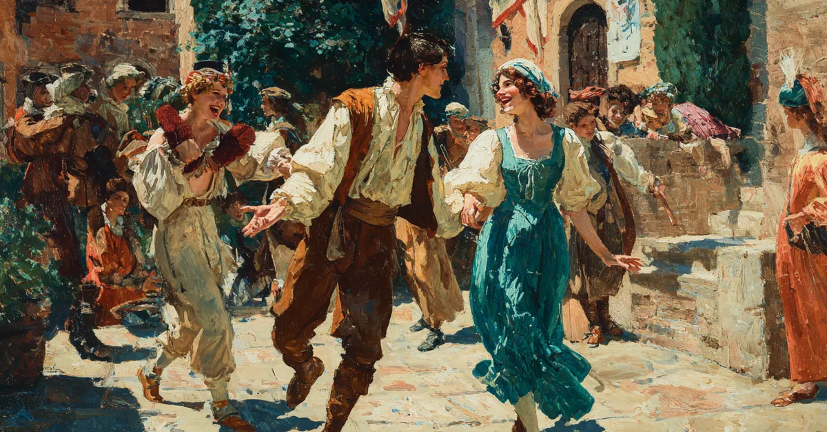 Friends joking in a sunlit street with lively gestures showing Romeo and Juliet Act 2 Scene 4