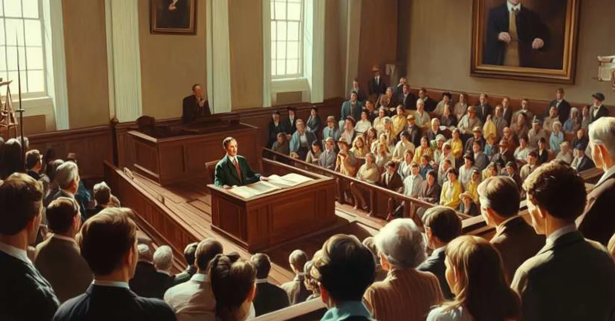 A wide view of a courtroom where a lawyer presents to a full audience under bright windows