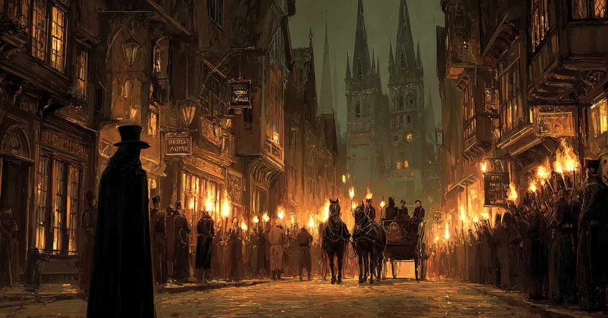 A gloomy street where a funeral procession passes through torchlight as a cloaked man watches from the side reflecting Richard III Act 1 Scene 2