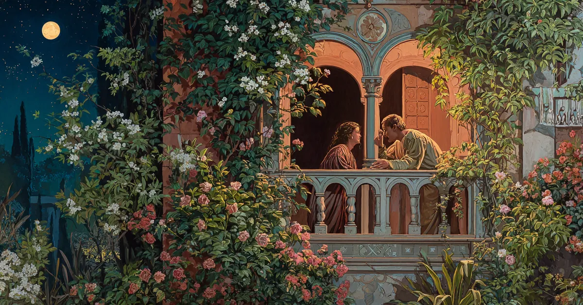 A lush garden balcony where two figures lean close under moonlight referencing Troilus and Cressida Act 3 Scene 1