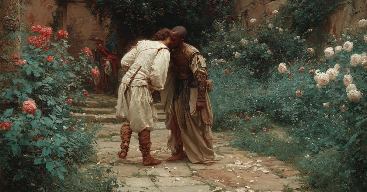 A garden path where a man whispers behind anothers back echoing the manipulation in Othello Act 3 Scene 3