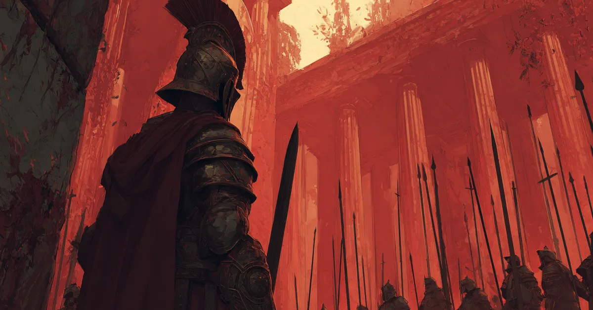 A general standing before imposing foreign gates illustrating Act 4 Scene 4