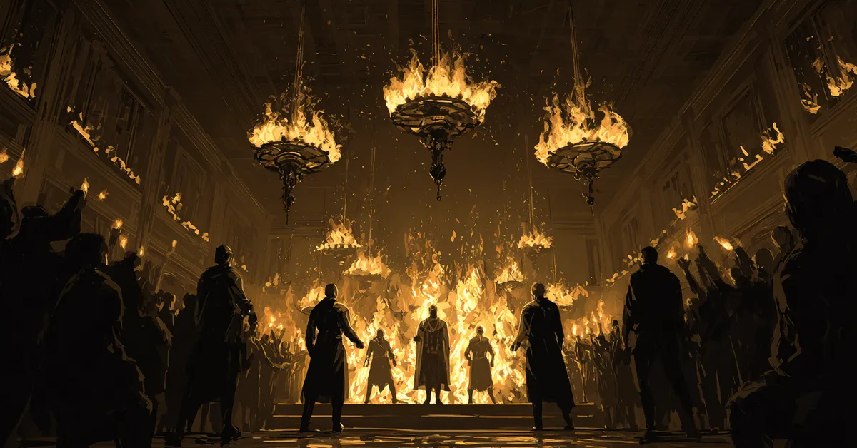 A general confronting senators in a torchlit hall showing the conflict in Act 3 Scene 1