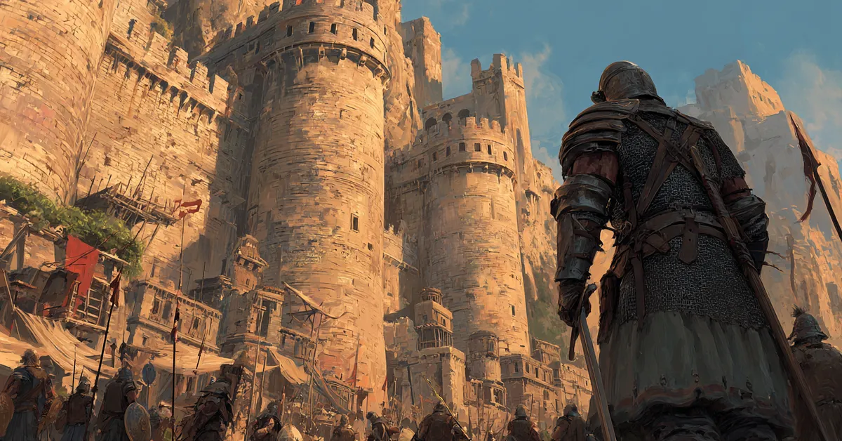 A Roman general preparing for combat in front of towering city walls capturing the tension of Act 1 Scene 10