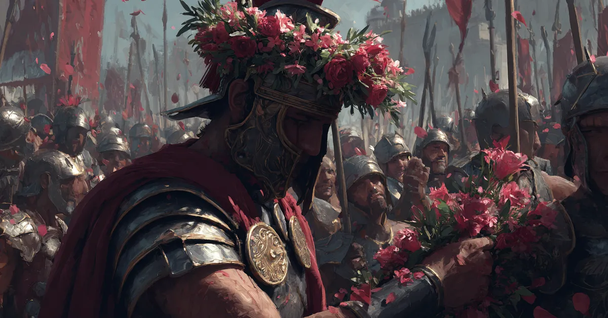 A Roman general being crowned with a wreath before cheering soldiers referencing Act 1 Scene 9