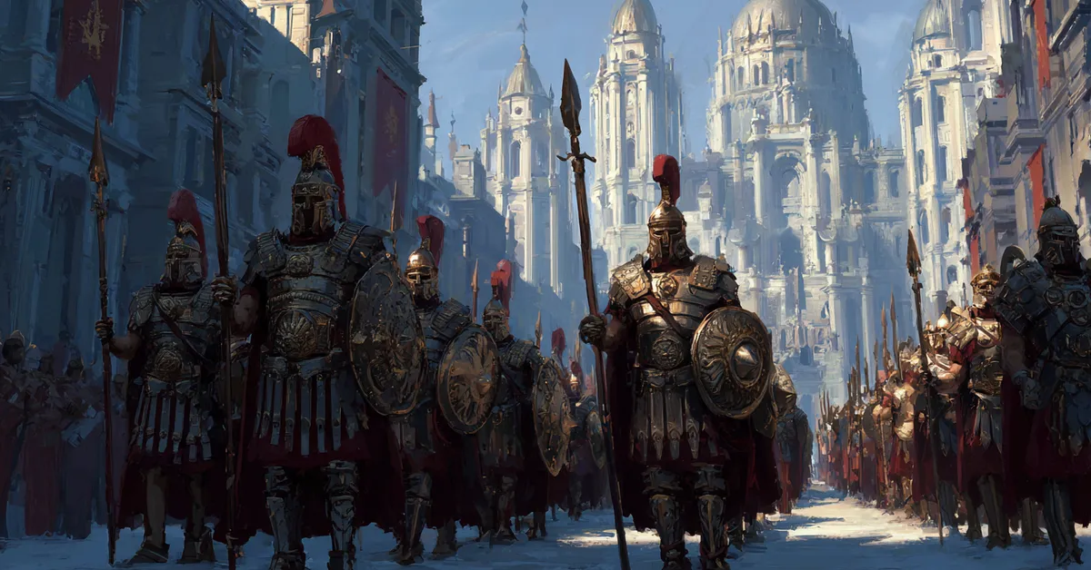 A general entering a city solemnly with guards nearby matching Act 4 Scene 7