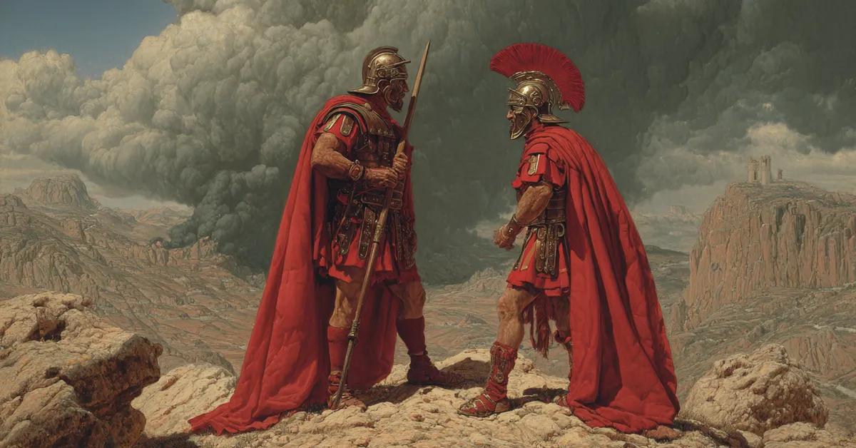 Two generals facing one another tensely on rocky ground showing The Tragedy Of Julius Caesar Act 5 Scene 3