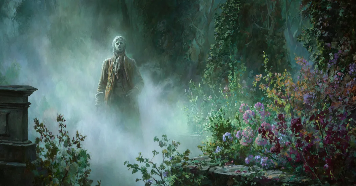 A ghostly figure emerging through mist in a castle garden anchoring the supernatural moment of Hamlet Act 1 Scene 5