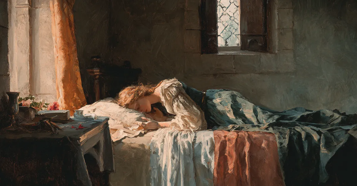 A girl collapsing on a bed in grief with soft light through the window showing Romeo and Juliet Act 3 Scene 2