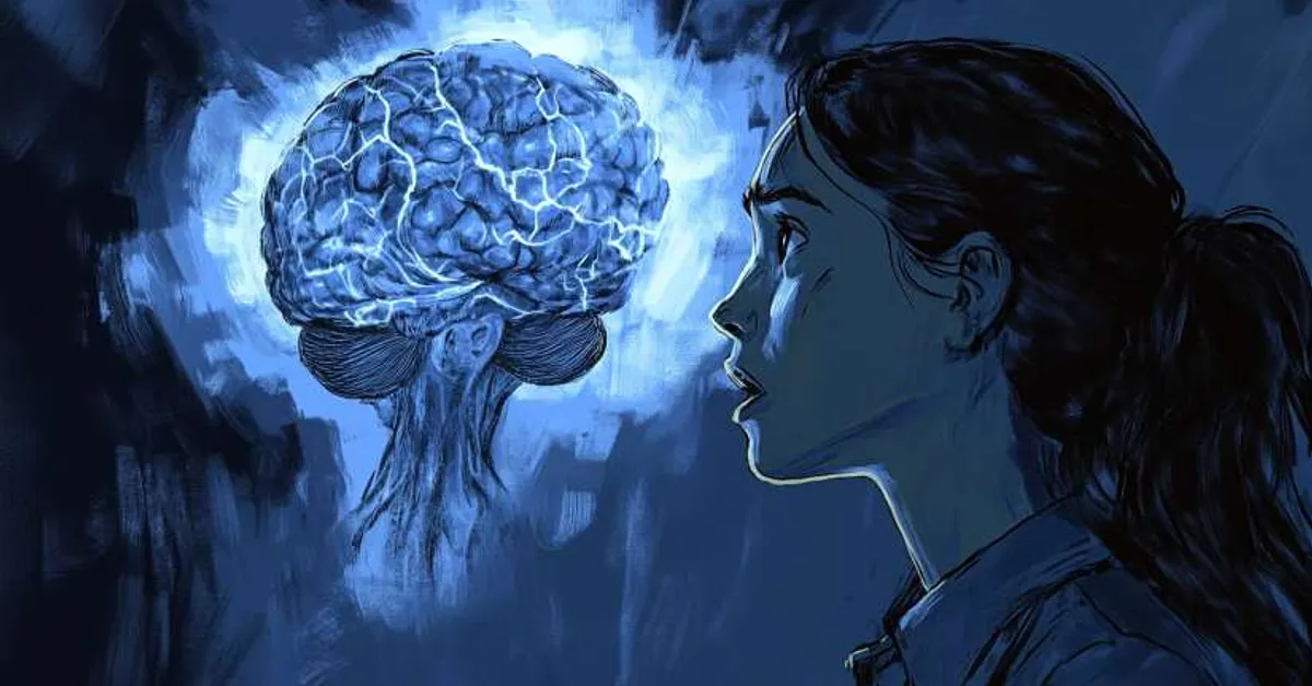 A girl faces a glowing blue brain in darkness representing her confrontation with IT in A Wrinkle In Time Chapter 9.