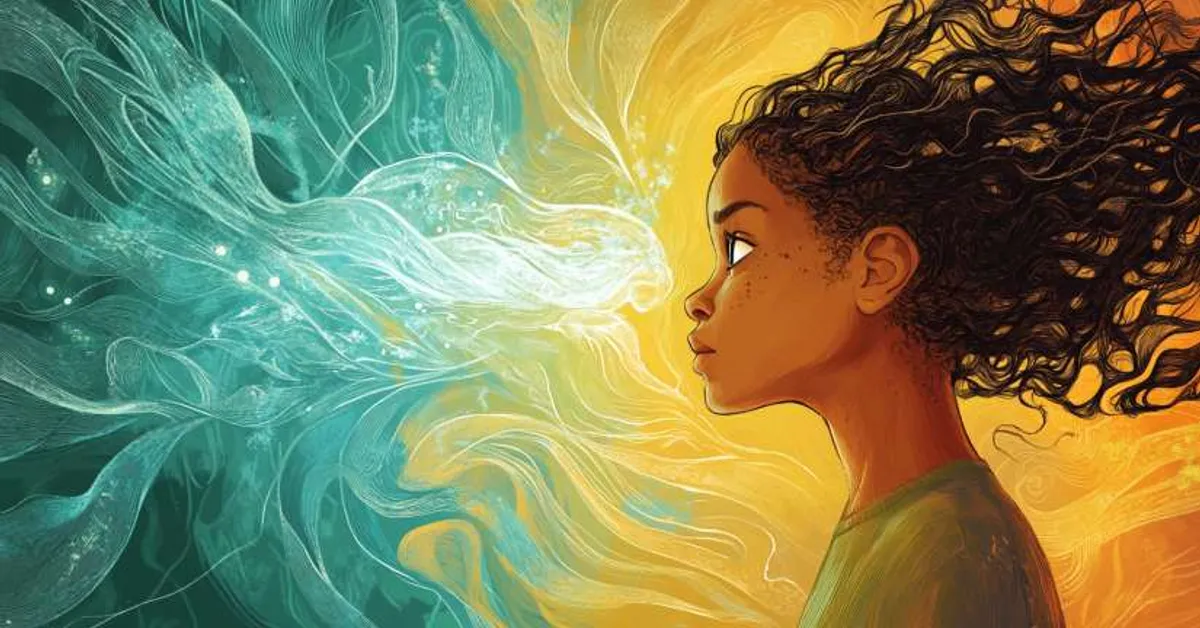 A girl faces intertwining blue and orange light streams showing contrast and meaning in A Wrinkle In Time Vocabulary Quiz.