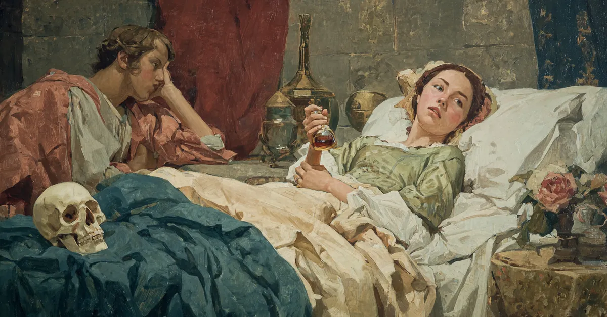 A quiet bedchamber where a girl holds a vial with fearful expression marking Romeo and Juliet Act 4 Scene 3