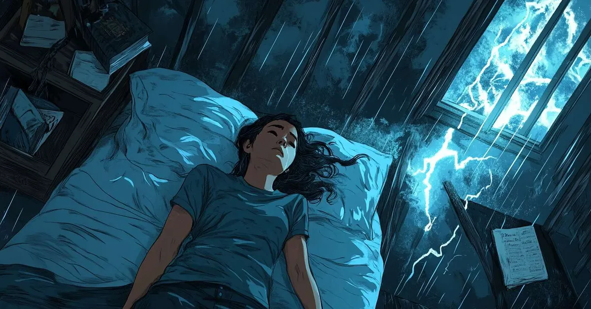 Illustration of a girl lying awake in bed during a storm reflecting the mood of A Wrinkle In Time Chapter 1.