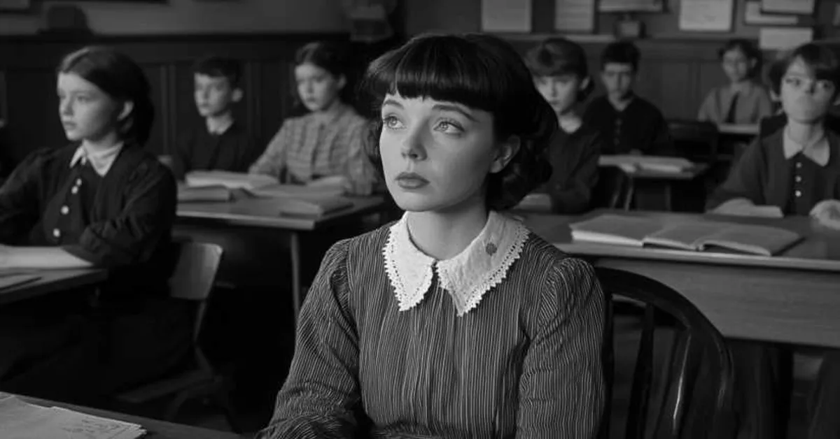 A girl sitting quietly in a classroom during a black and white scene with students behind her