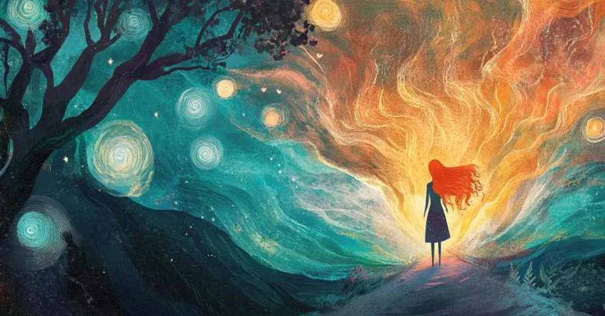 A girl with red hair stands before a fiery cosmic sky filled with stars depicting revelation in A Wrinkle In Time Full Book Quiz.