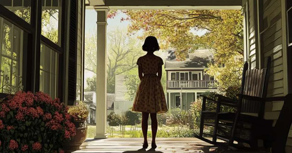 A young girl stands on a sunlit front porch looking out at a quiet neighborhood