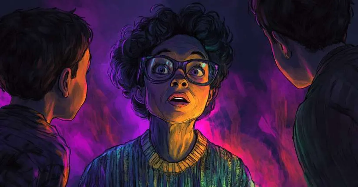 A girl with glasses looks amazed at a purple glow with two friends depicting discovery in A Wrinkle In Time Chapter 3.
