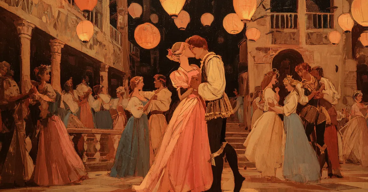 A grand hall with dancers moving beneath lanterns as two young lovers notice each other referencing Romeo and Juliet Act 1 Scene 5