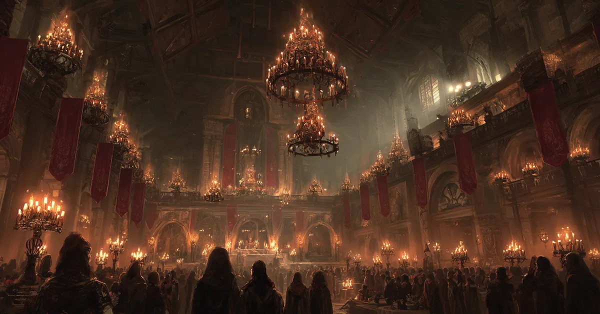 A grand hall where masked figures gather beneath torchlight referencing Titus Andronicus Act 5 Scene 2