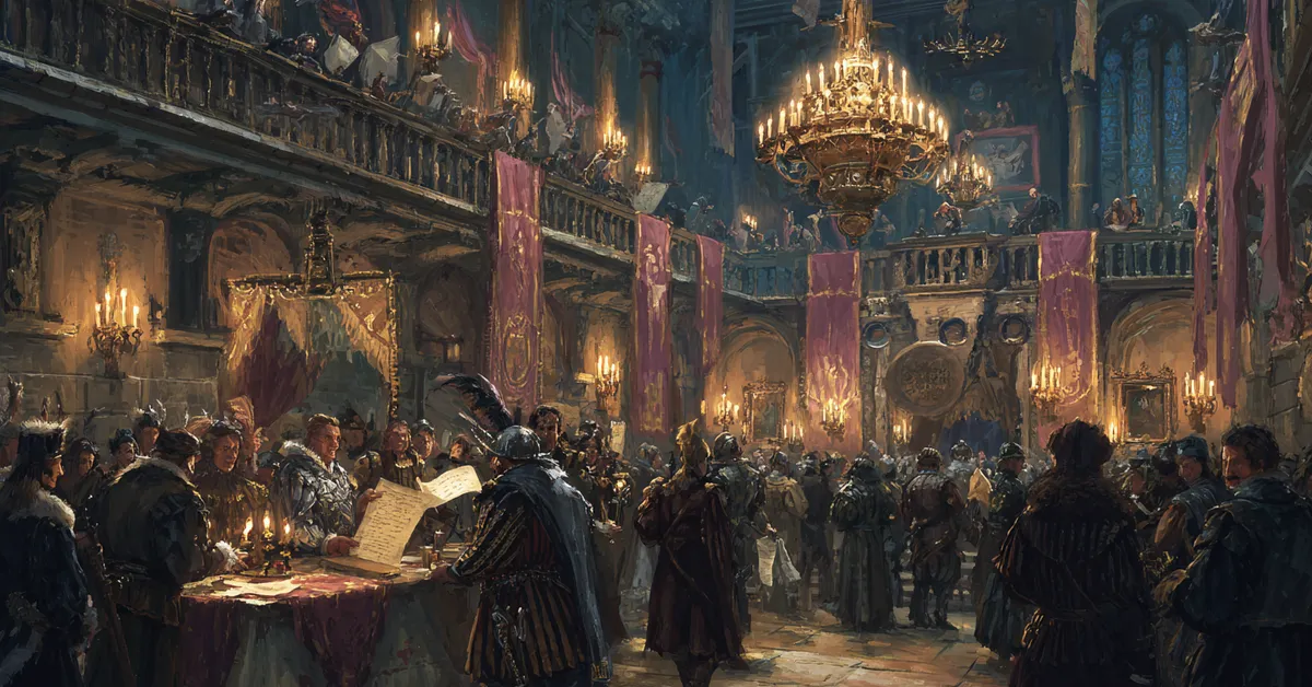 A grand hall bustling with messengers carrying scrolls fitting the busy court setting of Hamlet Act 2 Scene 2