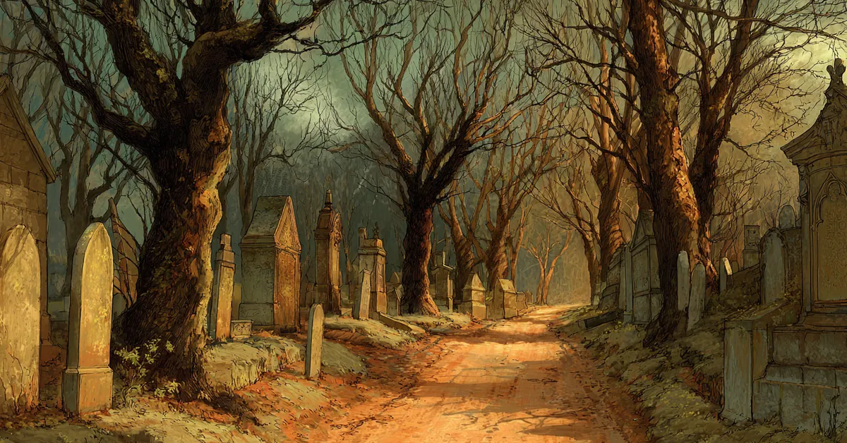 A quiet graveyard path lined with bare trees and scattered stones foreshadowing themes central to Hamlet Act 5