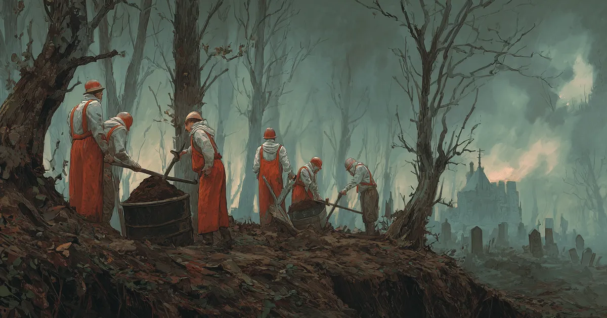 Graveyard workers lifting soil beside an open plot anchoring the iconic scene of Hamlet Act 5 Scene 1