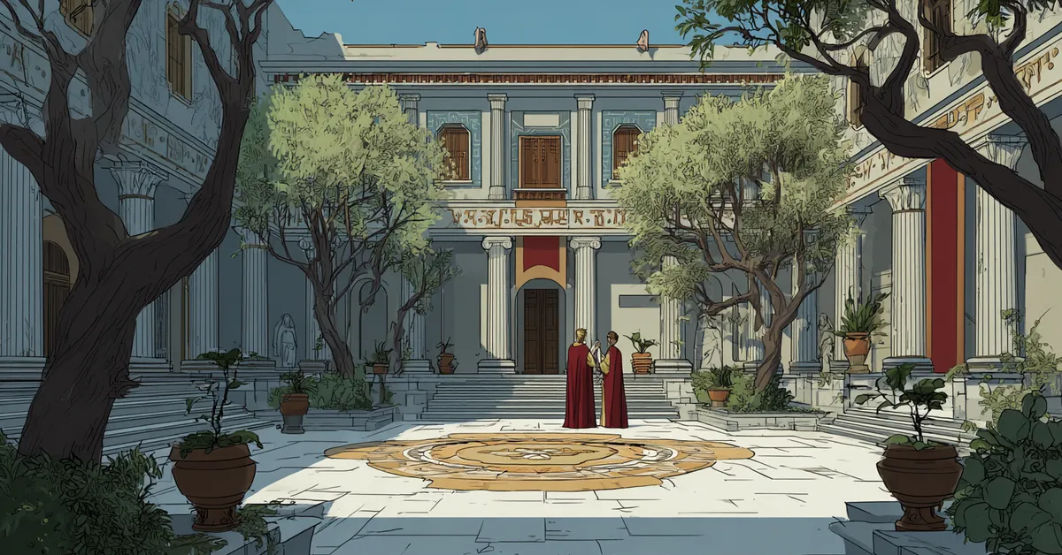 A courtyard where Greek and Trojan envoys face each other with guarded expressions showing Troilus and Cressida Act 2