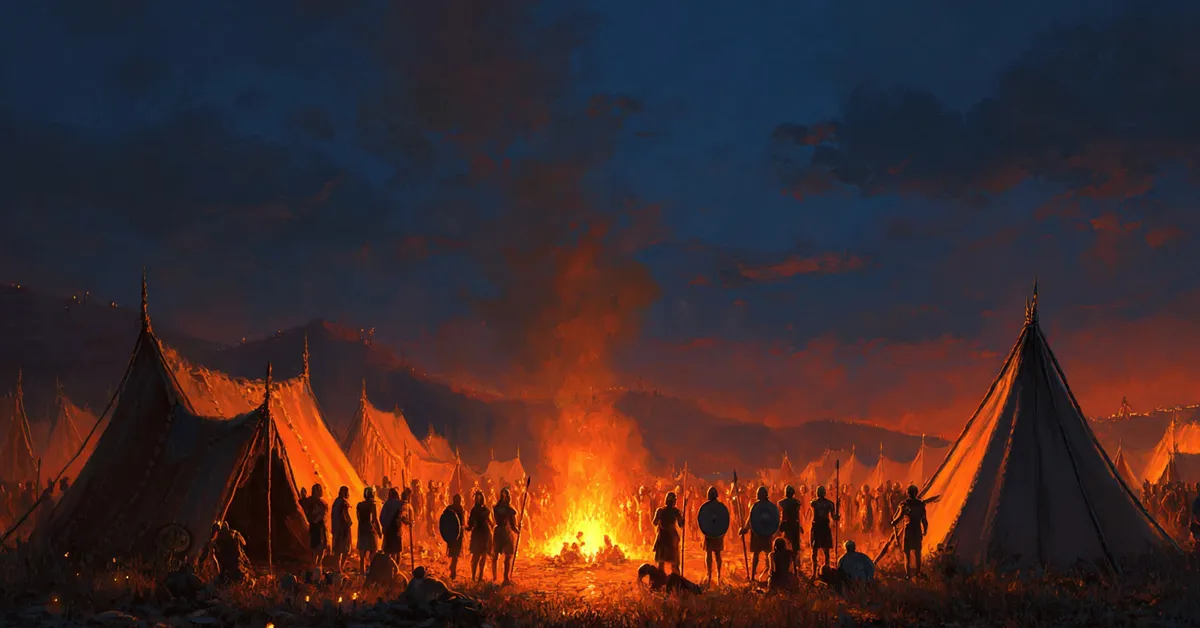 A Greek camp in the evening where warriors gather around a central fire showing Troilus and Cressida Act 4 Scene 3