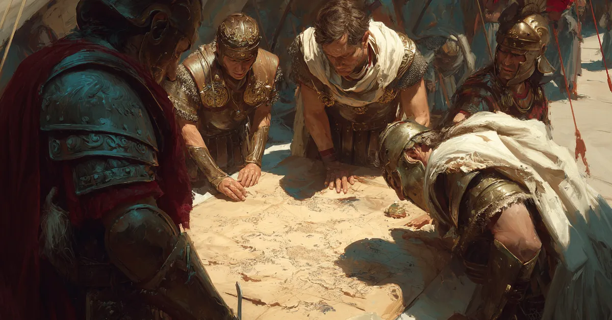 Greek officers bending over a detailed siege map inside a tent marking Troilus and Cressida Act 5 Scene 9
