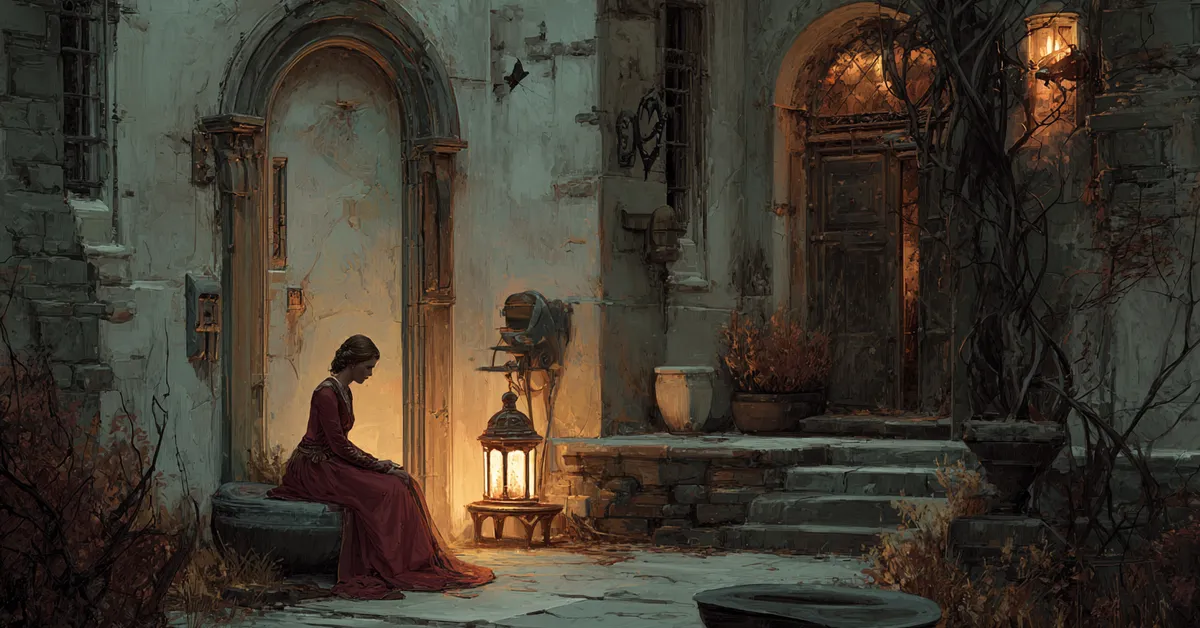 A lantern lit courtyard with a grieving noblewoman referencing Ophelia in Hamlet Act 4 Scene 5