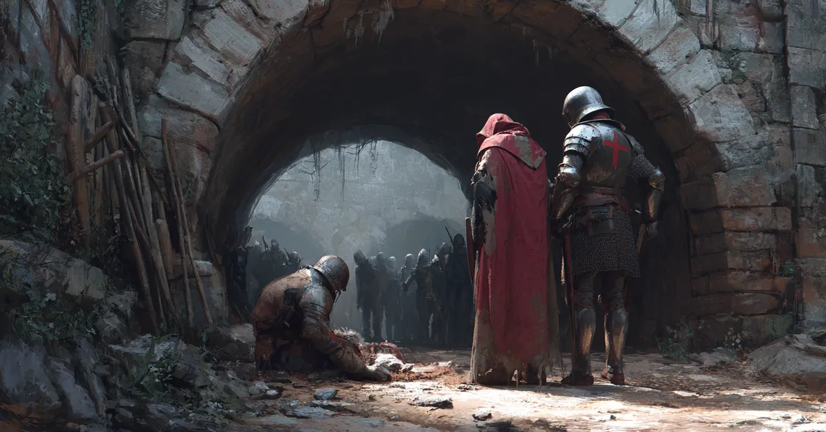 Guards blocking a citizen beneath a stone archway capturing the tension in Act 4 Scene 2