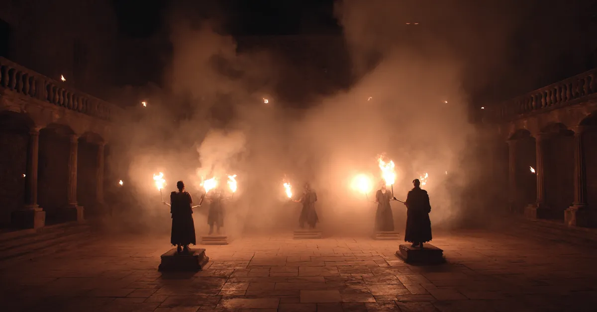 Guards in a courtyard under torchlight reacting to chaos highlighting Macbeth Act 2 Scene 3