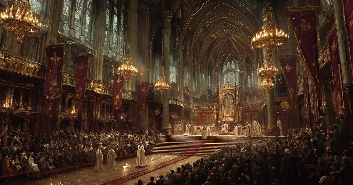 A large hall set for judgment with raised benches and assembled nobles showing formal reckoning in Richard II Act 3 Scene 4
