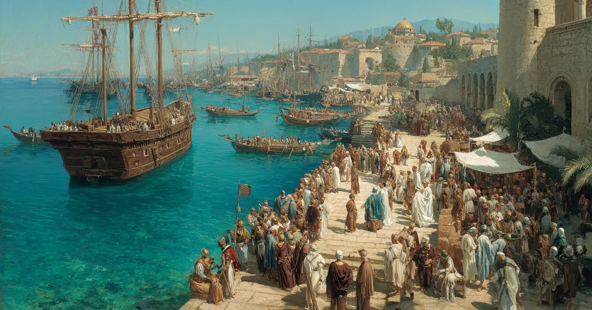 A Cyprus harbor dock where a welcoming party awaits approaching ships showing Othello Act 2 Scene 1