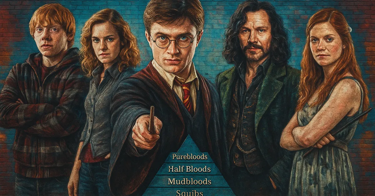 mural of five wizard characters standing together with one holding a wand pointing forward and a pyramid chart of magical blood status below