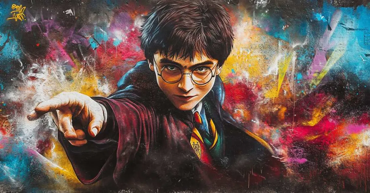 vibrant street art of a young wizard in a red robe aiming a wand with colorful magical energy swirling in the background