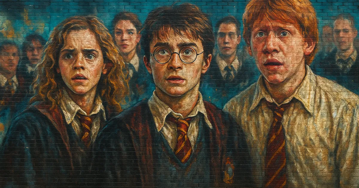 mural painting of three young students in wizard robes looking surprised against a brick wall with classmates in the background